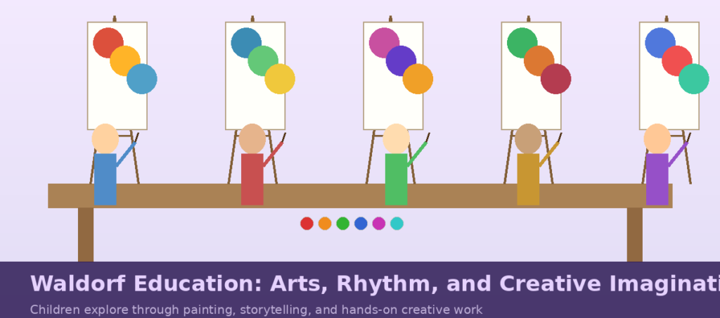 An infographic titled Waldorf Education: Arts, Rhythm, and Creative Imagination showing five minimalist vector figures of children standing at painting easels, exploring color and creative work.