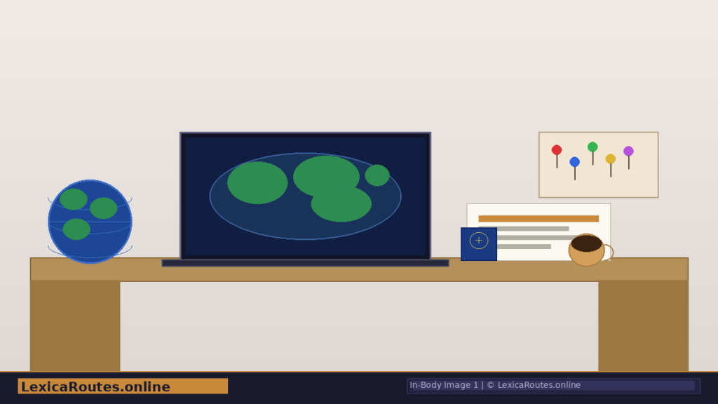 In-body minimalist flat-design vector illustration for Lexica Routes presenting a clean wooden office desk layout against a cream background, featuring an open laptop screen displaying green abstract continent circles, a matching blue-and-green desktop globe sphere, a small corkboard pinned with multi-coloured map tacks, a brown coffee mug, and a stack of business documents, carrying a brand footer along the bottom.