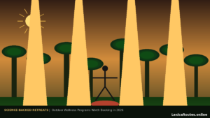 Infographic data illustration for LexicaRoutes.online titled SCIENCE-BACKED RETREATS: Outdoor Wellness Programs Worth Booking in 2026, depicting a dark orange sunset gradient background with a line of green oval trees, four towering vertical columns of bright yellow sunlight, a stylized sun icon on the far left, and a central black stick figure standing on a red ground patch.