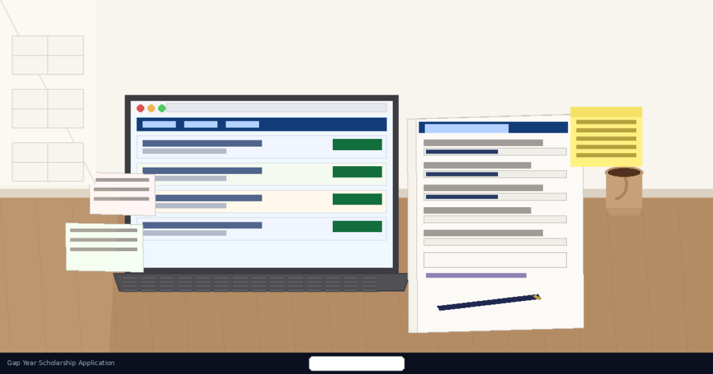 Minimalist vector illustration for Lexica Routes depicting a clean wooden office desk workspace, featuring a laptop screen displaying an online portal dashboard with horizontal text lines and green action buttons, an application form paper document with a blue header and a dark pen, a yellow sticky note, and a small brown cup, representing a structured gap year scholarship application layout.