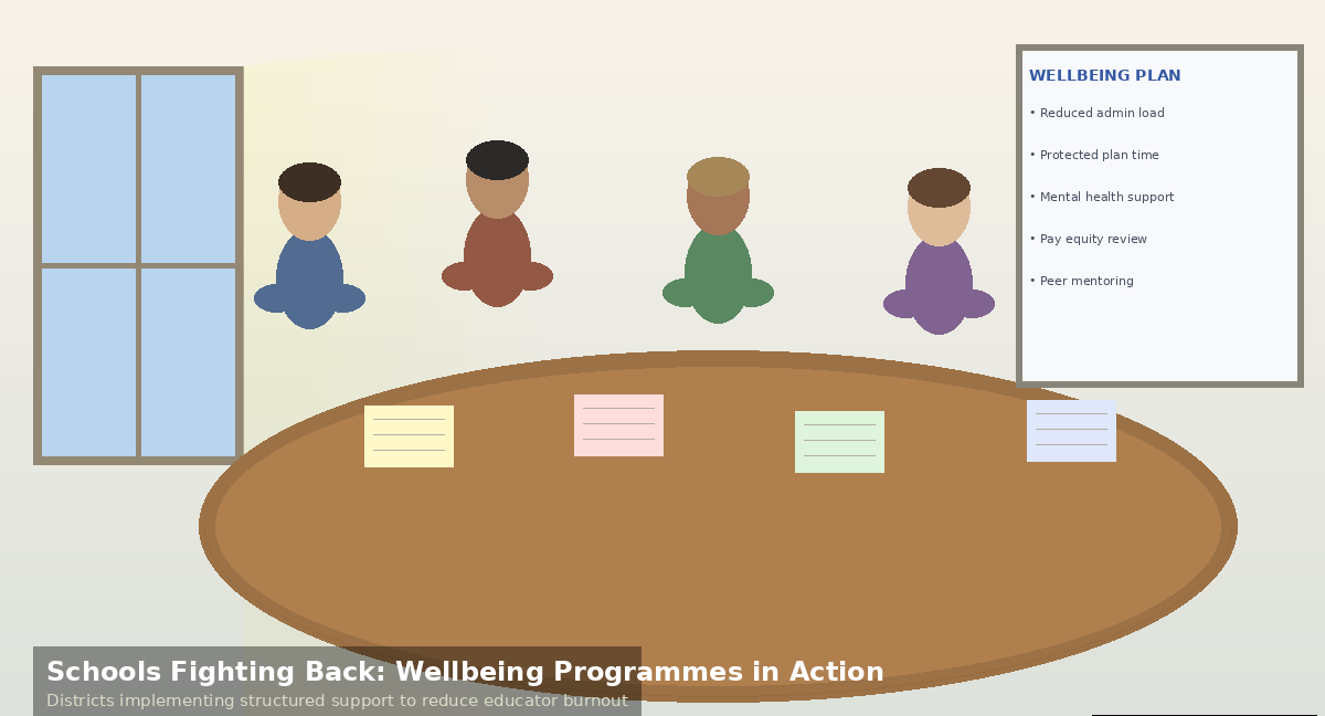 Infographic for LexicaRoutes titled Schools Fighting Back: Wellbeing Programmes in Action, featuring four diverse figures seated around a conference table with papers and sticky notes, alongside a sidebar detailing a Wellbeing Plan that includes reduced admin load, protected plan time, mental health support, pay equity review and peer mentoring.