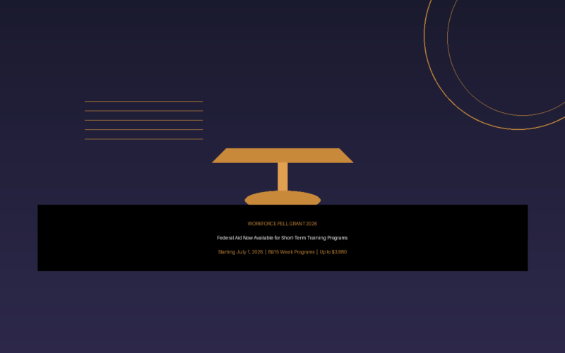 Featured hero image for Lexica Routes titled Workforce Pell Grant 2026: Federal Aid Now Available for Short-Term Training Programs, highlighting a July 1, 2026 start date for 8 to 15 week programs with funding up to 3,980 dollars, featuring a minimalist gold table icon and geometric circles on a dark navy background.
