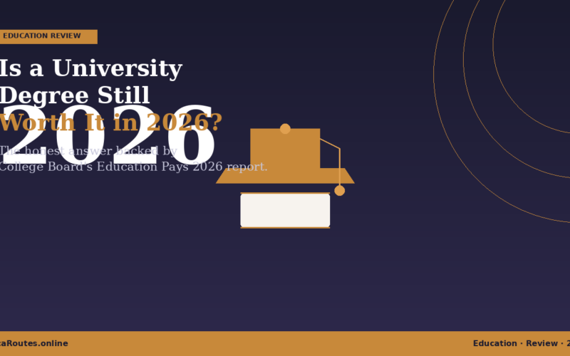 Featured hero graphic for Lexica Routes titled Is a University Degree Still Worth It in 2026? under an Education Review badge against a deep purple background with thin gold geometric line circles. The layout presents a stylized gold graduation cap and scroll illustration alongside text highlighting an honest answer backed by the College Board's Education Pays 2026 report.