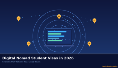 A featured promotional banner titled Digital Nomad Student Visas in 2026: Countries That Welcome You for lexicaroutes.online, displaying a vector laptop showing code snippets surrounded by radar rings and locator map pins for Portugal (PT), Estonia (EE), Spain (ES), Costa Rica (CR), and Thailand (TH).