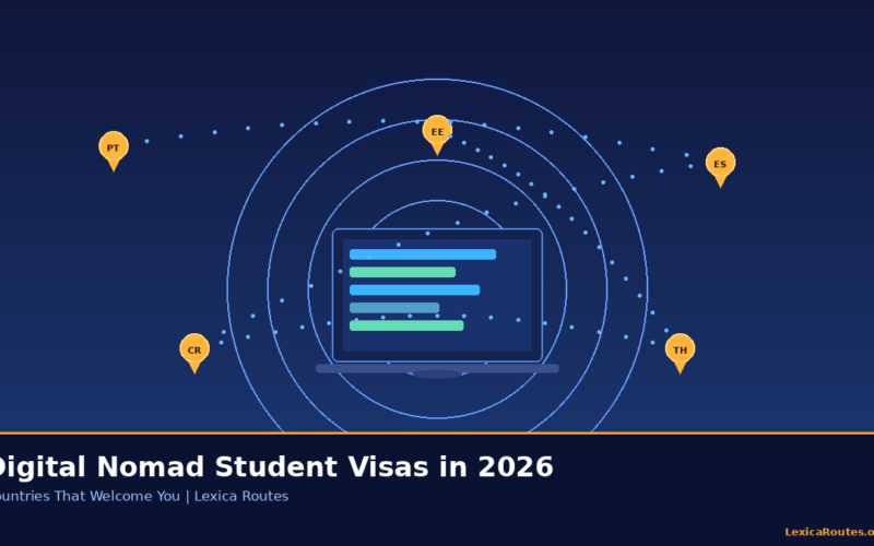 A featured promotional banner titled Digital Nomad Student Visas in 2026: Countries That Welcome You for lexicaroutes.online, displaying a vector laptop showing code snippets surrounded by radar rings and locator map pins for Portugal (PT), Estonia (EE), Spain (ES), Costa Rica (CR), and Thailand (TH).