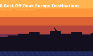 Featured hero infographic for Lexica Routes titled 10 Best Off-Peak Europe Destinations for Summer 2026, presenting a minimalist silhouette of a coastal city skyline against a striking multi-layered gradient sunset of yellow, orange, coral and purple over a blue sea, with a GrabbedDeals brand bar in the corner.