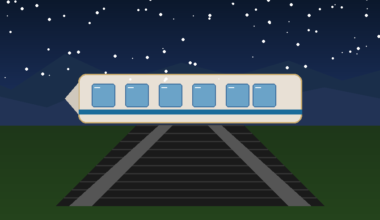 A minimalist vector illustration of a passenger train car moving along a track at night under a starry sky with a crescent moon and mountains in the background.