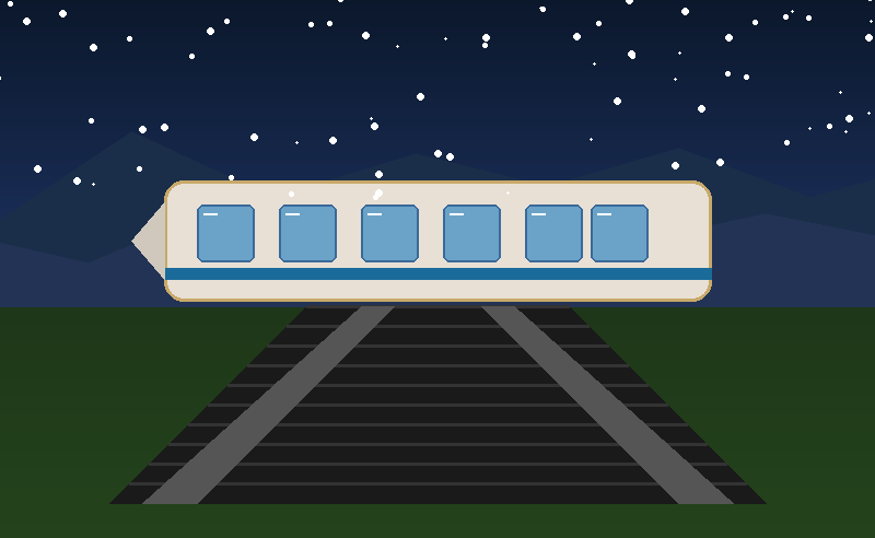 A minimalist vector illustration of a passenger train car moving along a track at night under a starry sky with a crescent moon and mountains in the background.