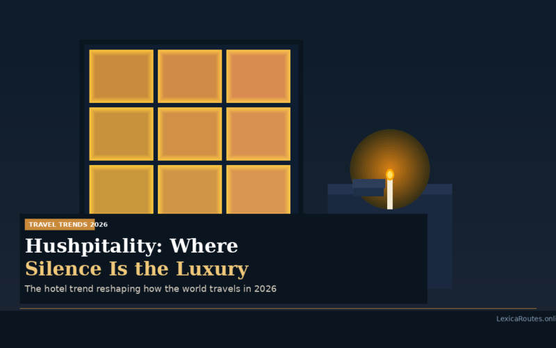 A featured promotional banner titled Hushpitality: Where Silence Is the Luxury under a TRAVEL TRENDS 2026 category tag on Lexica Routes, subtitled The hotel trend reshaping how the world travels in 2026. The minimalist vector design features a golden glowing nine-pane window beside a lit match casting a warm circular light against a dark blue background.