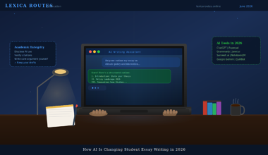 A featured image banner titled How AI Is Changing Student Essay Writing in 2026 for lexicaroutes.online, showing a desk illustration with a laptop interface acting as an AI Writing Assistant drafting an essay outline on climate policy, flanked by Academic Integrity guidelines and a list of popular 2026 AI tools.