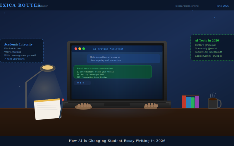 A featured image banner titled How AI Is Changing Student Essay Writing in 2026 for lexicaroutes.online, showing a desk illustration with a laptop interface acting as an AI Writing Assistant drafting an essay outline on climate policy, flanked by Academic Integrity guidelines and a list of popular 2026 AI tools.