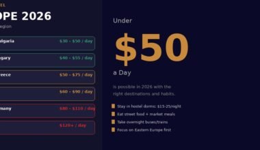 A featured hero banner titled Budget Travel Europe 2026 showing daily costs by region, showcasing a list from Romania and Bulgaria at $30–$50 per day up to Scandinavia at $120+ per day, highlighting that traveling under $50 a day is possible with the right habits.