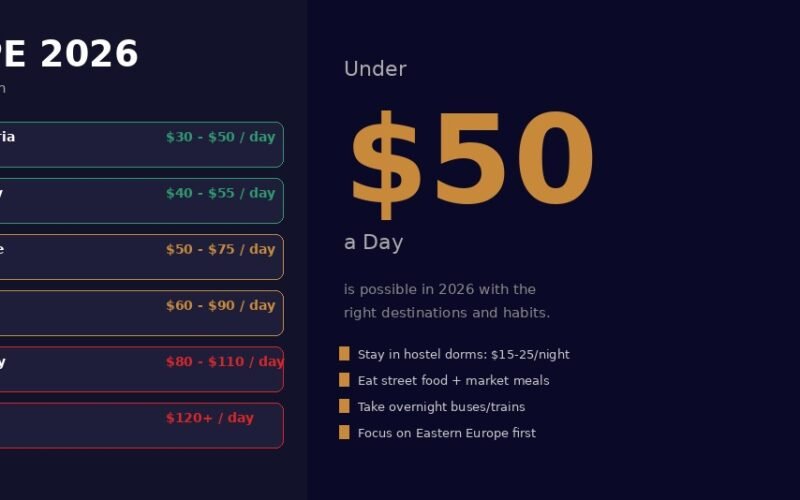 A featured hero banner titled Budget Travel Europe 2026 showing daily costs by region, showcasing a list from Romania and Bulgaria at $30–$50 per day up to Scandinavia at $120+ per day, highlighting that traveling under $50 a day is possible with the right habits.
