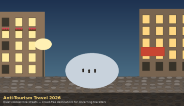Minimalist illustration for Lexica Routes titled Anti-Tourism Travel 2026, showing a quiet European cobblestone street at night with lit windows in buildings and text highlighting crowd-free destinations for discerning travellers.