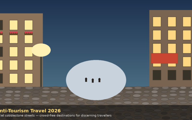 Minimalist illustration for Lexica Routes titled Anti-Tourism Travel 2026, showing a quiet European cobblestone street at night with lit windows in buildings and text highlighting crowd-free destinations for discerning travellers.