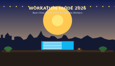 Infographic data table for GrabbedDeals titled Top Workation Cities 2026: Cost, Visa, Time Zone, Best For, presenting five color-coded vertical panel cards comparing Lisbon under the D8 Visa, Medellín listed as In Progress, Mexico City under Temporary Residency, Chiang Mai under the DTV Visa, and Seoul under the Workation Visa framework.