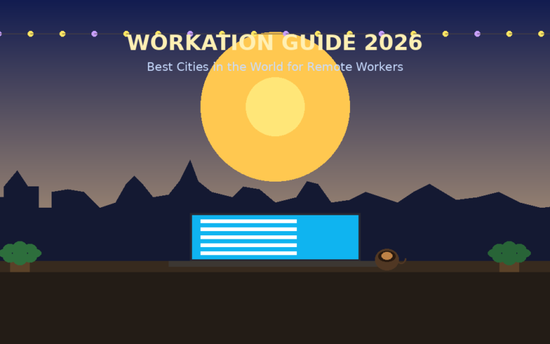 Infographic data table for GrabbedDeals titled Top Workation Cities 2026: Cost, Visa, Time Zone, Best For, presenting five color-coded vertical panel cards comparing Lisbon under the D8 Visa, Medellín listed as In Progress, Mexico City under Temporary Residency, Chiang Mai under the DTV Visa, and Seoul under the Workation Visa framework.