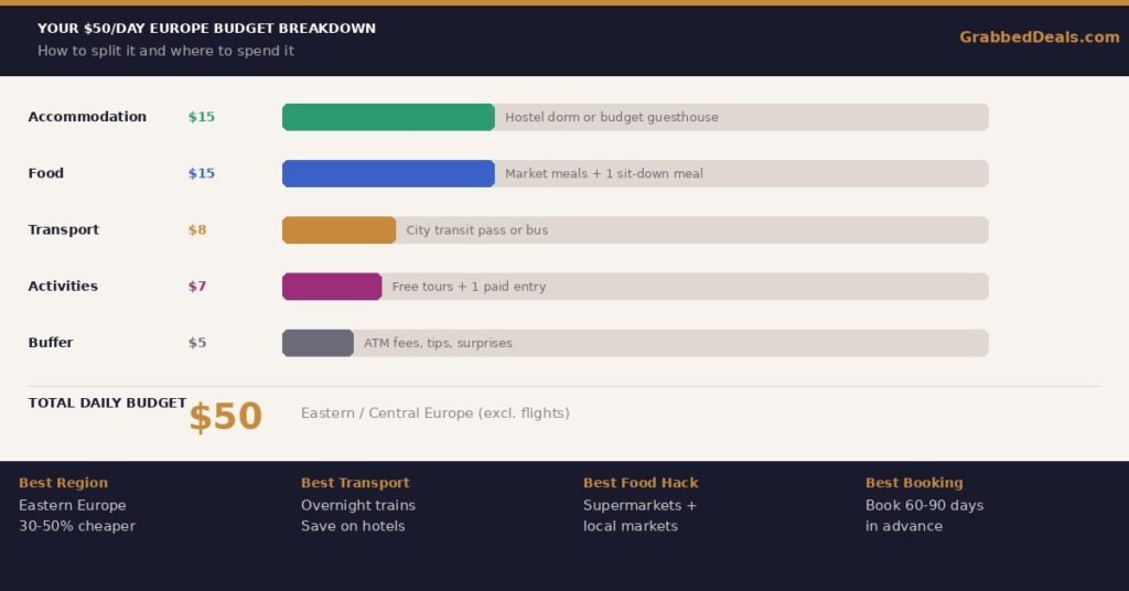 An infographic chart titled Your $50/Day Europe Budget Breakdown, illustrating daily expense bars for Accommodation at $15, Food at $15, Transport at $8, Activities at $7, and a Buffer at $5, tailored for Eastern and Central Europe.