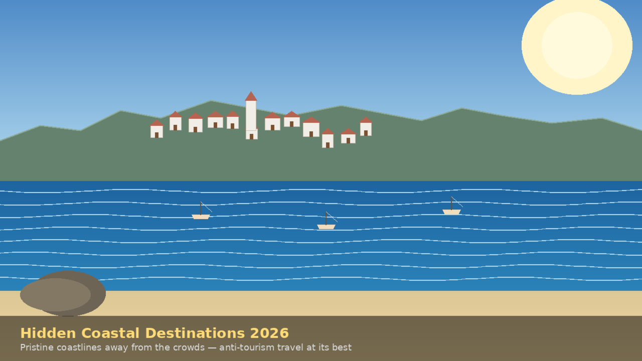 Infographic for Lexica Routes titled Hidden Coastal Destinations 2026, featuring a minimalist coastal landscape with a small village nestled in green hills, three boats on the blue sea and a bright sun, highlighting pristine coastlines as part of an anti-tourism travel strategy.