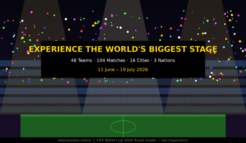 Infographic for Lexica Routes titled Experience the World's Biggest Stage, detailing the FIFA World Cup 2026 with 48 teams, 104 matches, 16 cities and 3 nations running from 11 June to 19 July 2026, featuring a minimalist stadium illustration with stadium stands, field spotlights and colourful scattered confetti above a green pitch.