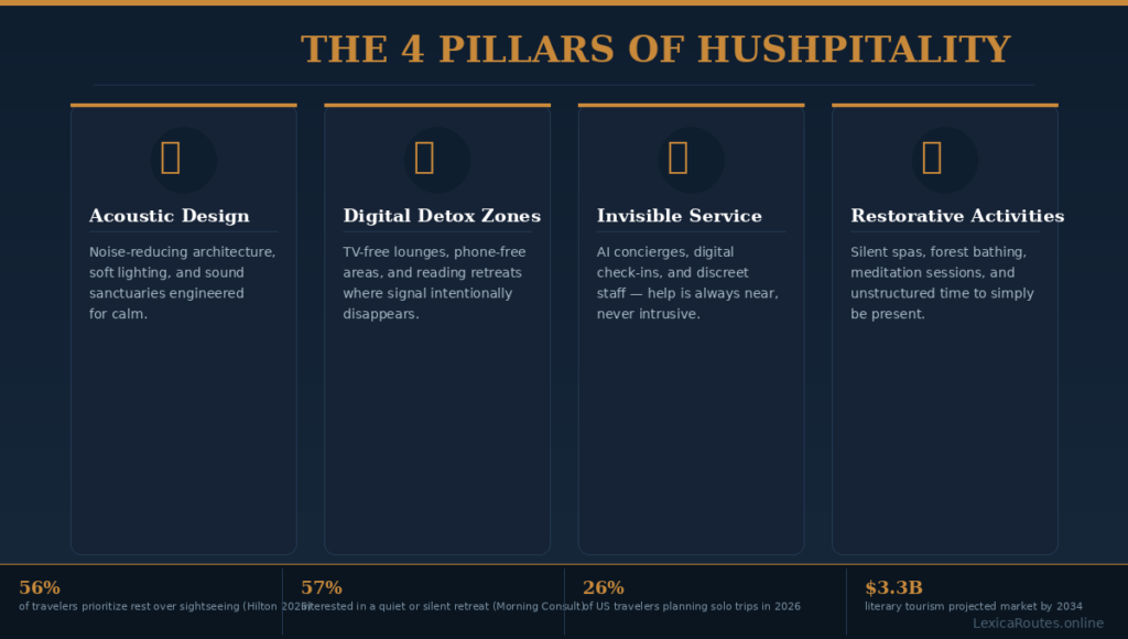 An informational travel and hospitality infographic titled THE 4 PILLARS OF HUSHPITALITY on Lexica Routes, displaying four vertically framed, color-coded concept pillars: Acoustic Design (noise-reducing architecture, soft lighting, sound sanctuaries), Digital Detox Zones (TV-free lounges, phone-free areas, reading retreats), Invisible Service (AI concierges, digital check-ins, discreet staff), and Restorative Activities (silent spas, forest bathing, meditation). The bottom footer features four metrics: 56% of travelers prioritize rest over sightseeing, 57% interested in a quiet or silent retreat, 26% of US travelers planning solo trips in 2026, and a $3.3B literary tourism projected market by 2034.