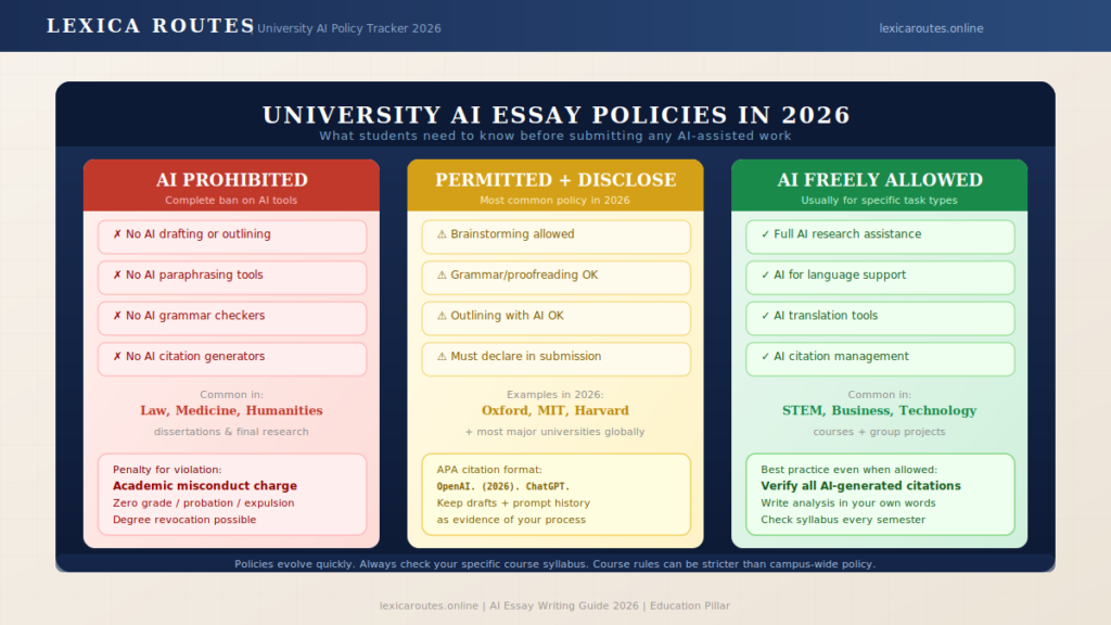 An infographic titled University AI Essay Policies in 2026 on lexicaroutes.online categorizing rules into three sections: AI Prohibited (complete ban in Law, Medicine, Humanities), Permitted + Disclose (brainstorming and outlining allowed at Oxford, MIT, Harvard), and AI Freely Allowed (research and translation support in STEM, Business, Technology).