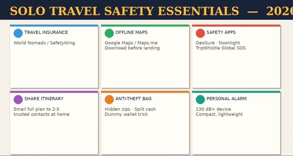 An infographic titled SOLO TRAVEL SAFETY ESSENTIALS – 2026 on lexicaroutes.online , displaying six colorful checklist cards: Travel Insurance (World Nomads / SafetyWing), Offline Maps (Google Maps / Maps.me), Safety Apps (GeoSure, Noonlight, TripWhistle Global SOS), Share Itinerary (Email full plan to 2-3 trusted contacts), Anti-Theft Bag (Hidden zips, split cash, dummy wallet trick), and Personal Alarm (130 dB+ compact device).
