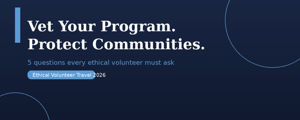 Infographic title card for Lexica Routes titled Vet Your Program. Protect Communities: 5 questions every ethical volunteer must ask, under an Ethical Volunteer Travel 2026 badge against a dark blue background with abstract light-blue geometric line circles and an Educational Travel 2026 footer.