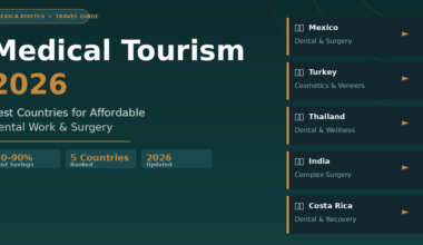 A featured promotional banner titled Medical Tourism 2026: Best Countries for Affordable Dental Work & Surgery on Lexica Routes, highlighting 50-90% cost savings across 5 ranked countries: Mexico, Turkey, Thailand, India, and Costa Rica.