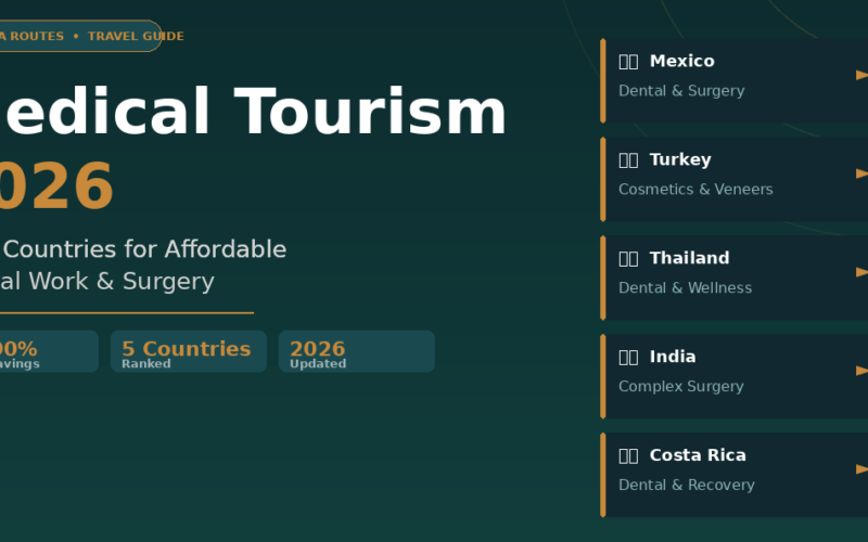 A featured promotional banner titled Medical Tourism 2026: Best Countries for Affordable Dental Work & Surgery on Lexica Routes, highlighting 50-90% cost savings across 5 ranked countries: Mexico, Turkey, Thailand, India, and Costa Rica.