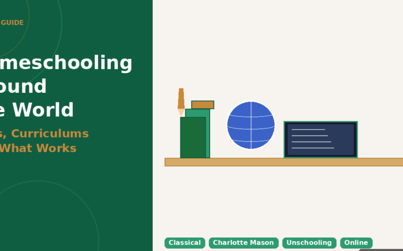 Featured hero graphic for Lexica Routes split into a deep green title panel reading Homeschooling Around the World: Laws, Curriculums and What Works under a 2026 Buying Guide badge, and a cream panel displaying a minimalist flat-design vector illustration of a clean wooden desk containing a green pen holder, an upright gold pencil, a blue globe sphere, and an open digital tablet screen alongside lower tag labels for Classical, Charlotte Mason, Unschooling, and Online models.