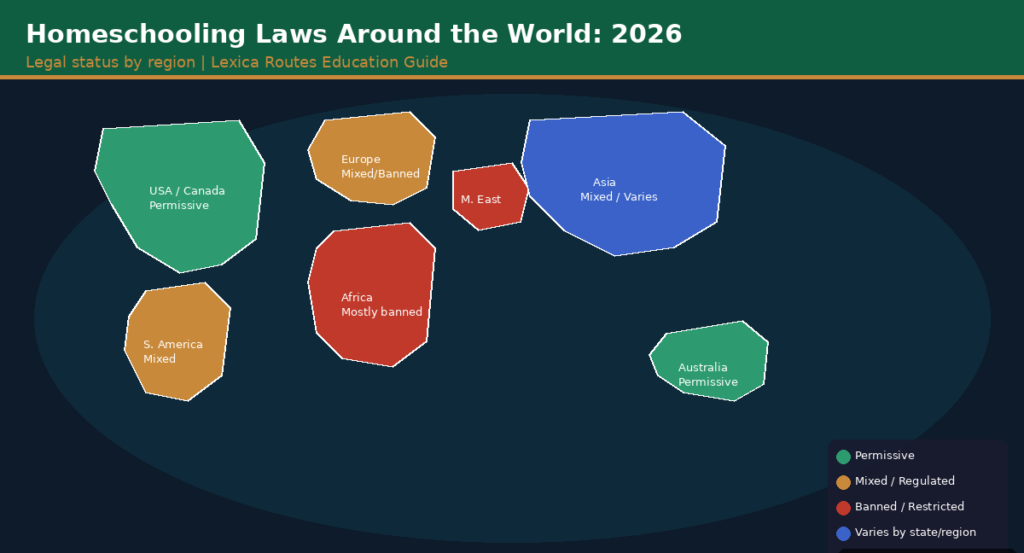 Infographic map card for Lexica Routes titled Homeschooling Laws Around the World: 2026, presenting a stylized geometric global map with color-coded continent shapes: green for permissive regions in the USA, Canada, and Australia; gold for mixed or regulated frameworks in Europe and South America; red for banned or restricted environments across Africa and the Middle East; and blue for variable regional policies throughout Asia.