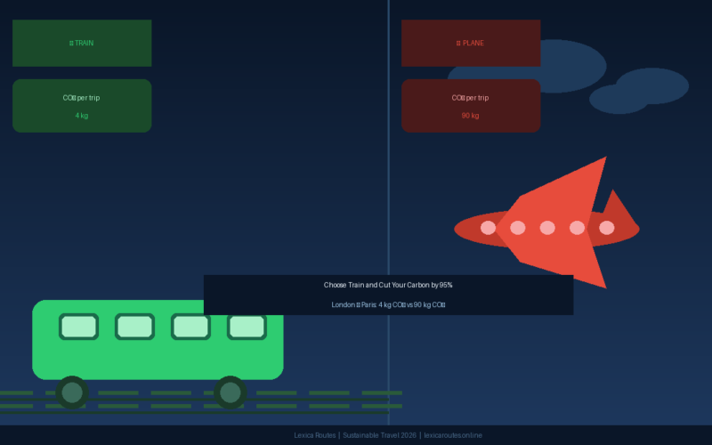 An infographic comparing transit emissions titled Choose Train and Cut Your Carbon by 95%: London to Paris: 4 kg CO2 vs 90 kg CO2 on lexicaroutes.online, displaying a side-by-side breakdown of a green train emitting 4 kg of CO2 per trip versus a red plane emitting 90 kg of CO2 per trip.
