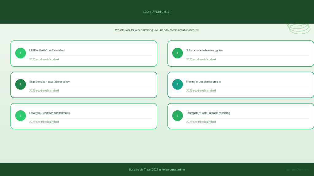 An infographic titled ECO-STAY CHECKLIST subheaded What to Look for When Booking Eco-Friendly Accommodation in 2026 on lexicaroutes.online, displaying six green checklist boxes: LEED or EarthCheck certified, Solar or renewable energy use, Skip-the-clean towel/sheet policy, No single-use plastics on-site, Locally sourced food and toiletries, and Transparent water & waste reporting.