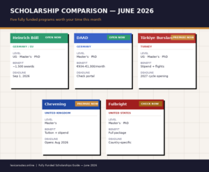 An informational comparison infographic titled Scholarship Comparison — June 2026, breaking down five fully funded international programs: Heinrich Böll (Germany), DAAD (Germany), Türkiye Bursları (Turkey), Chevening (UK), and Fulbright (US), detailing their respective degree levels, benefits, and application windows.