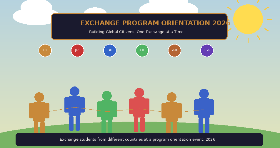 An informational education graphic titled EXCHANGE PROGRAM ORIENTATION 2026: Building Global Citizens, One Exchange at a Time on Lexica Routes, displaying a minimalist vector illustration of a diverse line of student figures holding hands on a green hill under a sunny sky, with country code badges above them for Germany (DE), Japan (JP), Brazil (BR), France (FR), Argentina (AR), and Canada (CA).