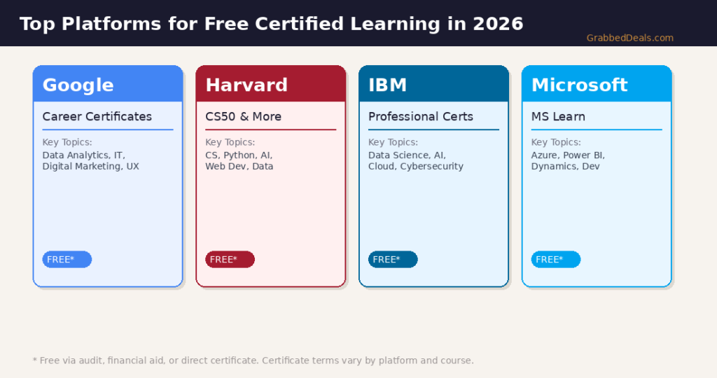 Infographic data chart for Lexica Routes titled Top Platforms for Free Certified Learning in 2026, comparing four major learning providers in a vertical layout grid. Google Career Certificates lists key topics of Data Analytics, IT, Digital Marketing and UX. Harvard CS50 & More lists CS, Python, AI, Web Dev and Data. IBM Professional Certs lists Data Science, AI, Cloud and Cybersecurity. Microsoft MS Learn lists Azure, Power BI, Dynamics and Dev. Each provider includes a blue or red button reading FREE* with a footnote clarifying access conditions.