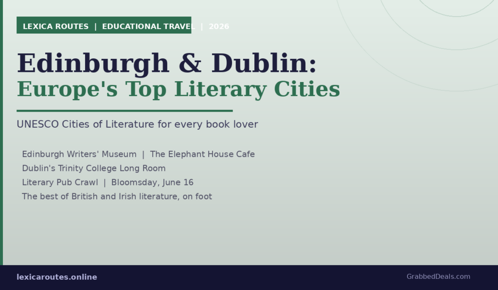 An educational travel infographic titled Edinburgh & Dublin: Europe's Top Literary Cities on lexicaroutes.online, identifying them as UNESCO Cities of Literature for book lovers, listing highlights like the Edinburgh Writers' Museum, The Elephant House Cafe, Dublin's Trinity College Long Room, Literary Pub Crawls, and Bloomsday on June 16.