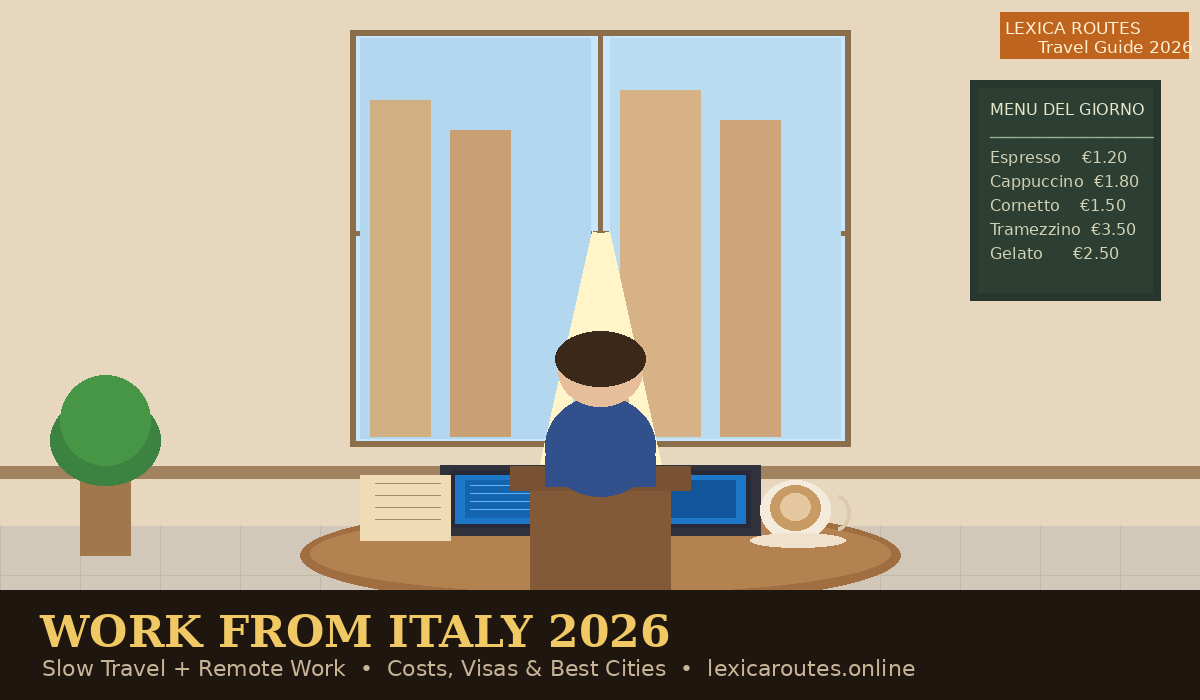 Featured image for Lexica Routes titled Work From Italy 2026: Slow Travel and Remote Work, featuring a minimalist illustration of a person working at a desk with a laptop and coffee overlooking buildings, alongside a Daily Menu listing prices for Espresso, Cappuccino and Gelato.