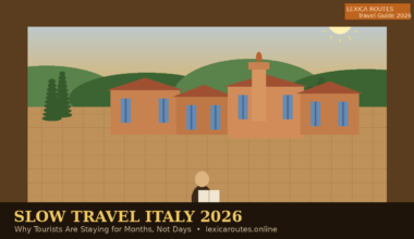 Featured hero image for Lexica Routes titled Slow Travel Italy 2026: Why Tourists Are Staying for Months, Not Days, featuring a minimalist silhouette of a person reading in a sunlit Tuscan piazza with orange terracotta buildings, cypress trees and green rolling hills under a soft evening sun.