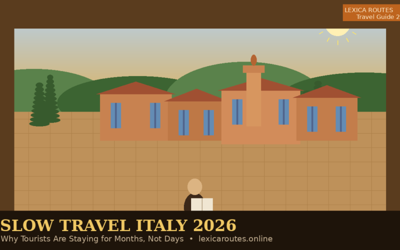 Featured hero image for Lexica Routes titled Slow Travel Italy 2026: Why Tourists Are Staying for Months, Not Days, featuring a minimalist silhouette of a person reading in a sunlit Tuscan piazza with orange terracotta buildings, cypress trees and green rolling hills under a soft evening sun.