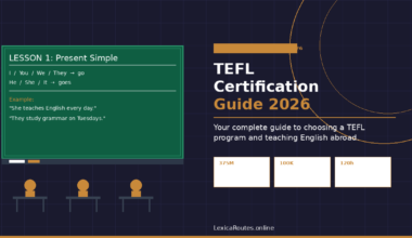 A featured promotional banner titled TEFL Certification Guide 2026 on GrabbedDeals.com, subtitled Your complete guide to choosing a TEFL program and teaching English abroad. The dark grid layout centers an educational classroom infographic on the left showing three minimal student silhouettes sitting at desks facing a green chalkboard that reads LESSON 1: Present Simple, displaying subject-verb rules (I / You / We / They -> go; He / She / It -> goes) and example sentences ("She teaches English every day." and "They study grammar on Tuesdays."). The lower right corner displays three data metric cards: 375M, 100K, and 120h.