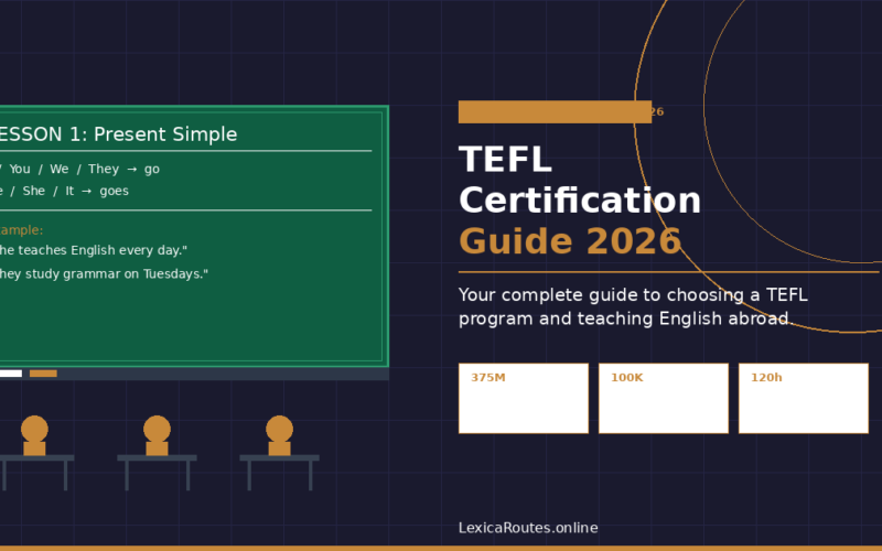 A featured promotional banner titled TEFL Certification Guide 2026 on GrabbedDeals.com, subtitled Your complete guide to choosing a TEFL program and teaching English abroad. The dark grid layout centers an educational classroom infographic on the left showing three minimal student silhouettes sitting at desks facing a green chalkboard that reads LESSON 1: Present Simple, displaying subject-verb rules (I / You / We / They -> go; He / She / It -> goes) and example sentences ("She teaches English every day." and "They study grammar on Tuesdays."). The lower right corner displays three data metric cards: 375M, 100K, and 120h.