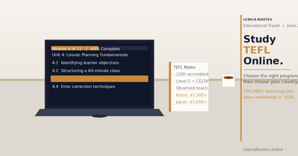 A featured promotional banner titled TEFL Certification Guide 2026 on Lexica Routes, subtitled Your complete guide to choosing a TEFL program and teaching English abroad. The dark grid layout centers an educational classroom infographic on the left showing three minimal student silhouettes sitting at desks facing a green chalkboard that reads LESSON 1: Present Simple, displaying subject-verb rules (I / You / We / They -> go; He / She / It -> goes) and example sentences ("She teaches English every day." and "They study grammar on Tuesdays."). The lower right corner displays three data metric cards: 375M, 100K, and 120h.