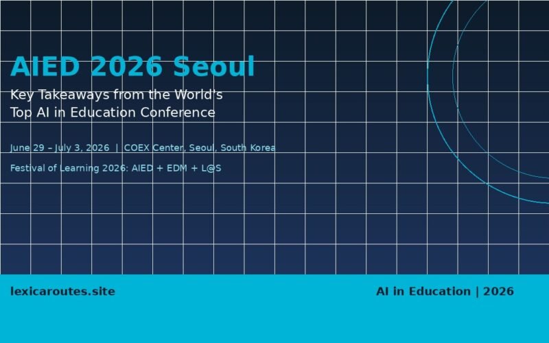 A featured promotional banner titled AIED 2026 Seoul under the subtitle Key Takeaways from the World's Top AI in Education Conference on lexicaroutes.site. Set against a dark navy layout detailed with a white grid and fine blue concentric circle accents in the upper right, white text lists event details: June 29 – July 3, 2026 | COEX Center, Seoul, South Korea, and Festival of Learning 2026: AIED + EDM + L@S. A solid light blue banner spans the bottom, displaying the site name on the left and the category tag AI in Education | 2026 on the right.