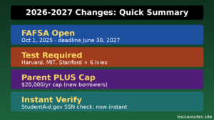 An informational education infographic titled 2026-2027 Changes: Quick Summary on lexicaroutes.site. The dark green layout presents four horizontally stacked, color-coded informational blocks highlighting key policy updates: FAFSA Open (Oct 1, 2025 - deadline June 30, 2027) in a blue block; Test Required (Harvard, MIT, Stanford + 6 Ivies) in a brown block; Parent PLUS Cap ($20,000/yr cap (new borrowers)) in a purple block; and Instant Verify (StudentAid.gov SSN check: now instant) in a teal block.
