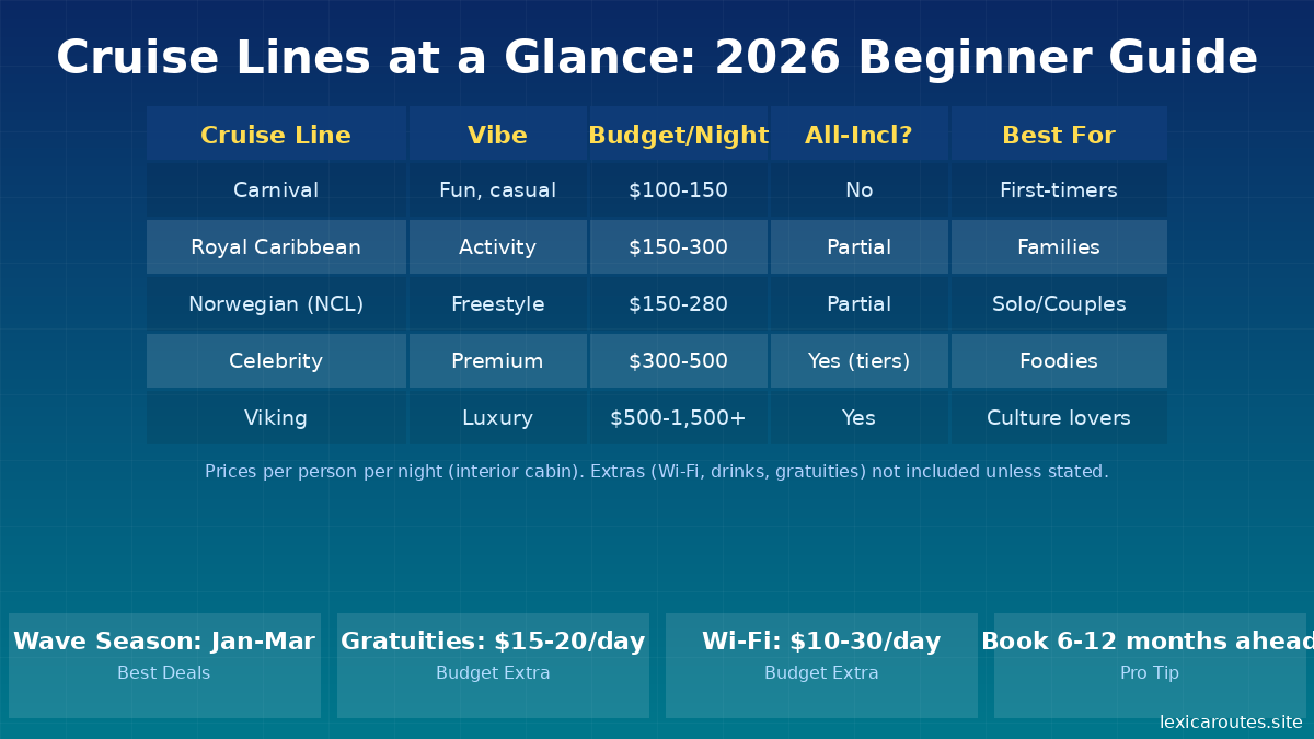 An informational travel guide infographic titled Cruise Lines at a Glance: 2026 Beginner Guide on lexicaroutes.site. The blue grid background features a central five-row comparison table with five columns: Cruise Line, Vibe, Budget/Night, All-Incl?, and Best For. The data rows display: Carnival (Fun, casual, $100-150, No, First-timers); Royal Caribbean (Activity, $150-300, Partial, Families); Norwegian (NCL) (Freestyle, $150-280, Partial, Solo/Couples); Celebrity (Premium, $300-500, Yes (tiers), Foodies); and Viking (Luxury, $500-1,500+, Yes, Culture lovers). A caption note clarifies prices are per person per night for an interior cabin with extras not included unless stated. The bottom contains four distinct informational blocks: Wave Season: Jan-Mar (Best Deals), Gratuities: $15-20/day (Budget Extra), Wi-Fi: $10-30/day (Budget Extra), and Book 6-12 months ahead (Pro Tip).