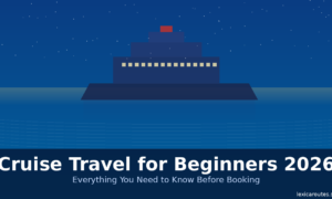 A featured promotional banner titled Cruise Travel for Beginners 2026 under the subtitle Everything You Need to Know Before Booking on lexicaroutes.site. The design presents a minimalist flat vector illustration of a large dark blue cruise ship sailing on a calm blue sea at night. The ship is styled as a stepped geometric structure with a row of small yellow square windows lit across the main deck and a single small red rectangle at the very top. A clear dark blue sky filled with tiny white stars completes the upper background.