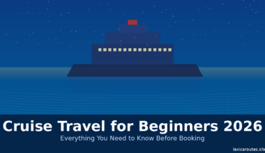 A featured promotional banner titled Cruise Travel for Beginners 2026 under the subtitle Everything You Need to Know Before Booking on lexicaroutes.site. The design presents a minimalist flat vector illustration of a large dark blue cruise ship sailing on a calm blue sea at night. The ship is styled as a stepped geometric structure with a row of small yellow square windows lit across the main deck and a single small red rectangle at the very top. A clear dark blue sky filled with tiny white stars completes the upper background.