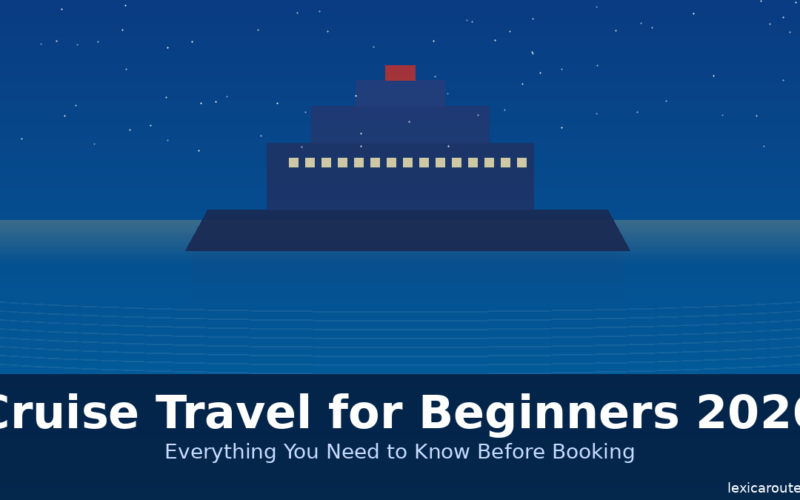 A featured promotional banner titled Cruise Travel for Beginners 2026 under the subtitle Everything You Need to Know Before Booking on lexicaroutes.site. The design presents a minimalist flat vector illustration of a large dark blue cruise ship sailing on a calm blue sea at night. The ship is styled as a stepped geometric structure with a row of small yellow square windows lit across the main deck and a single small red rectangle at the very top. A clear dark blue sky filled with tiny white stars completes the upper background.